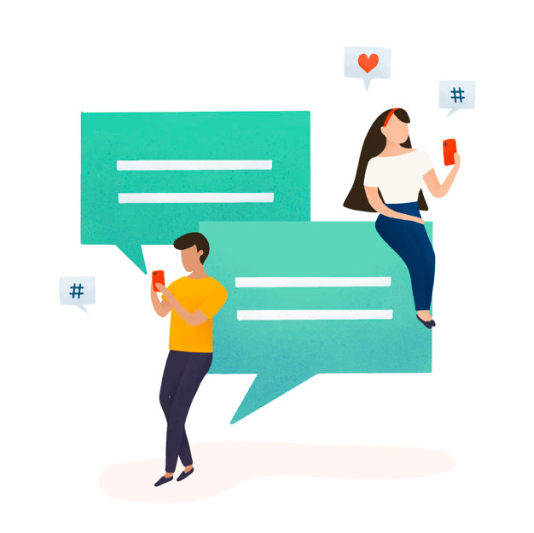 Illustration of two people on smartphones, chatting with each other